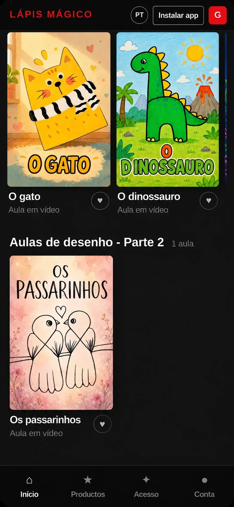 Tela do aplicativo com as aulas de desenho organizadas por tema