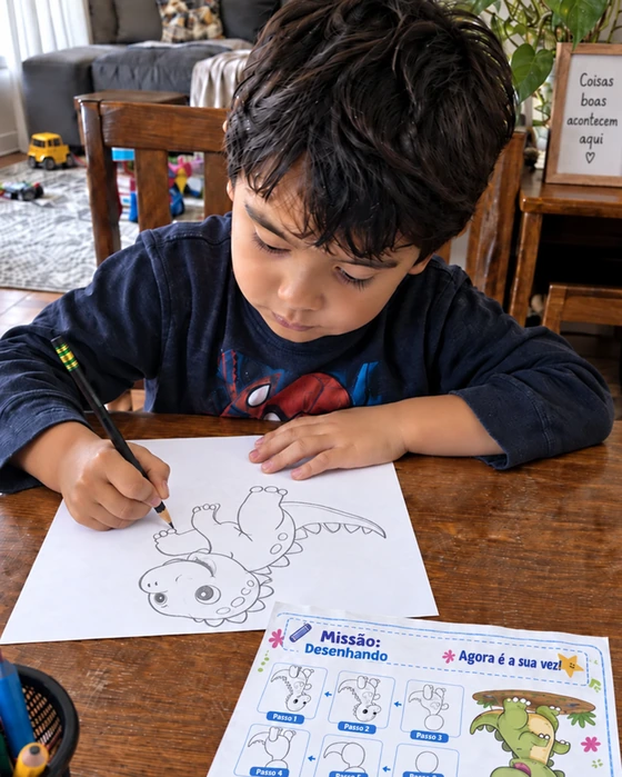 Criança desenhando um dinossauro ao seguir os 6 passos do Método Lápis Mágico