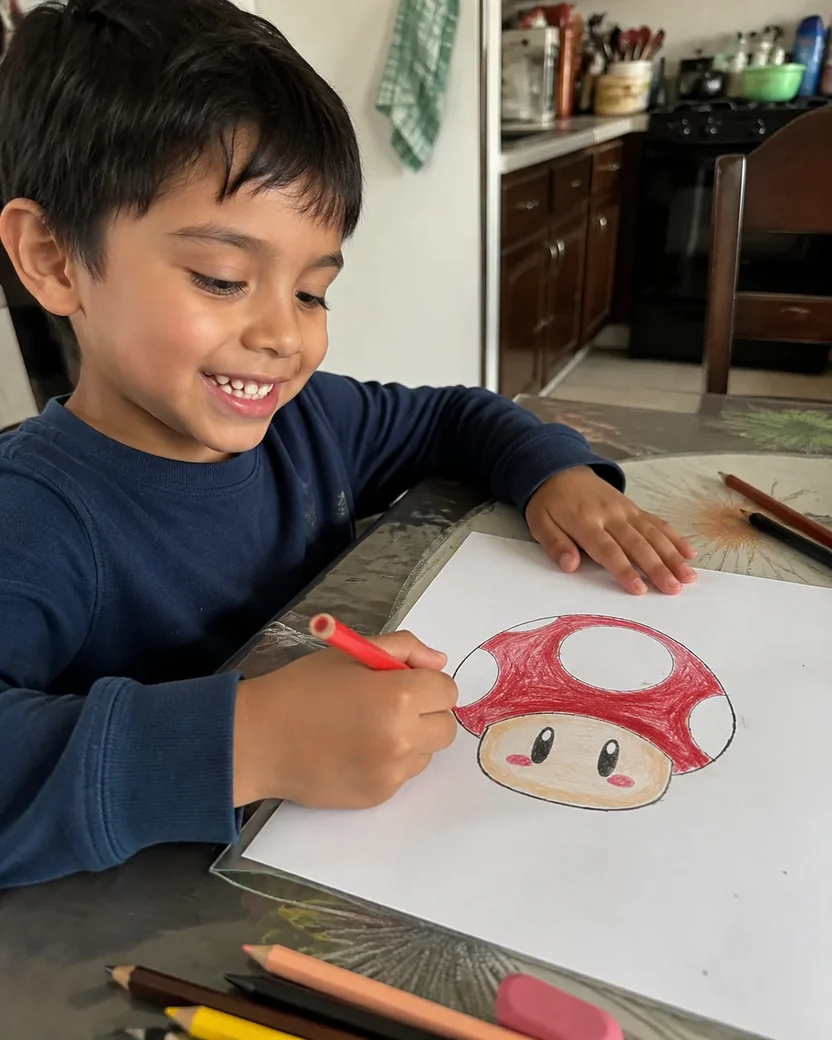 Menino colorindo seu desenho na mesa da cozinha