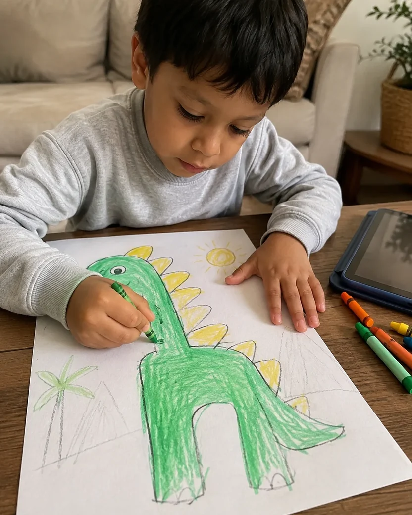 Menino colorindo um dinossauro com giz de cera